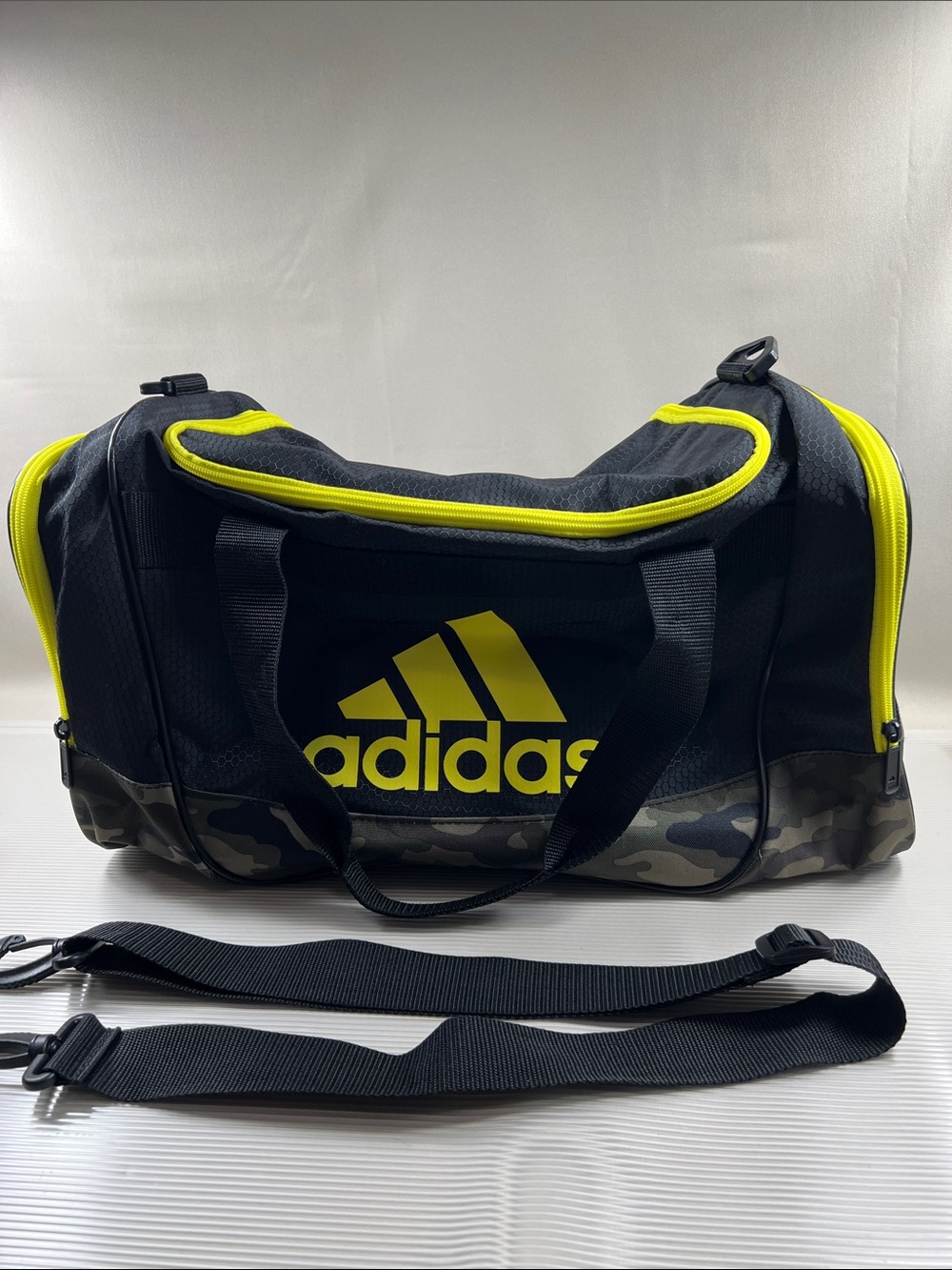 adidas Black & Camo Duffel Bag with Neon Yellow Accents